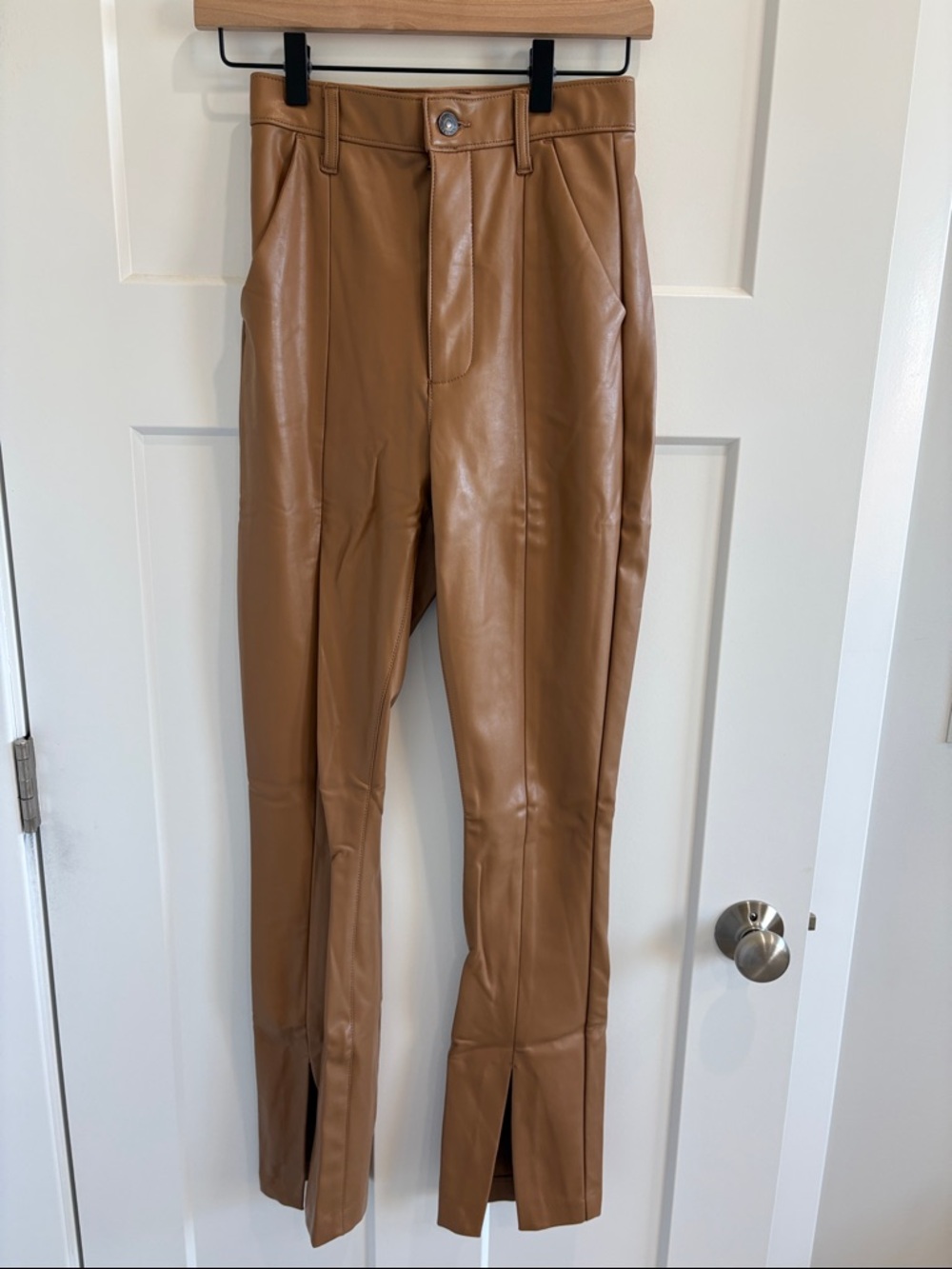 Abercrombie & Fitch Camel Faux Leather Pants with Ankle Slits